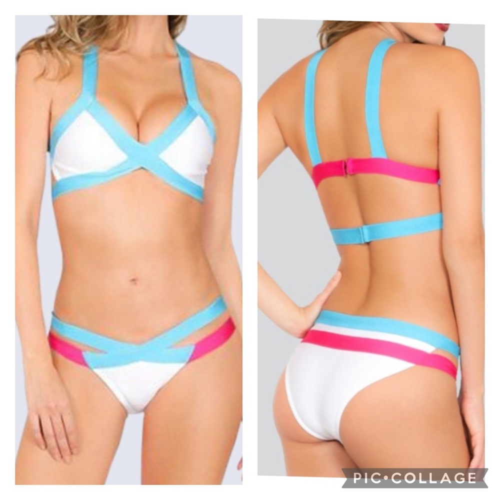 WOW Couture Pink, White and Blue Bandage Bikini Set